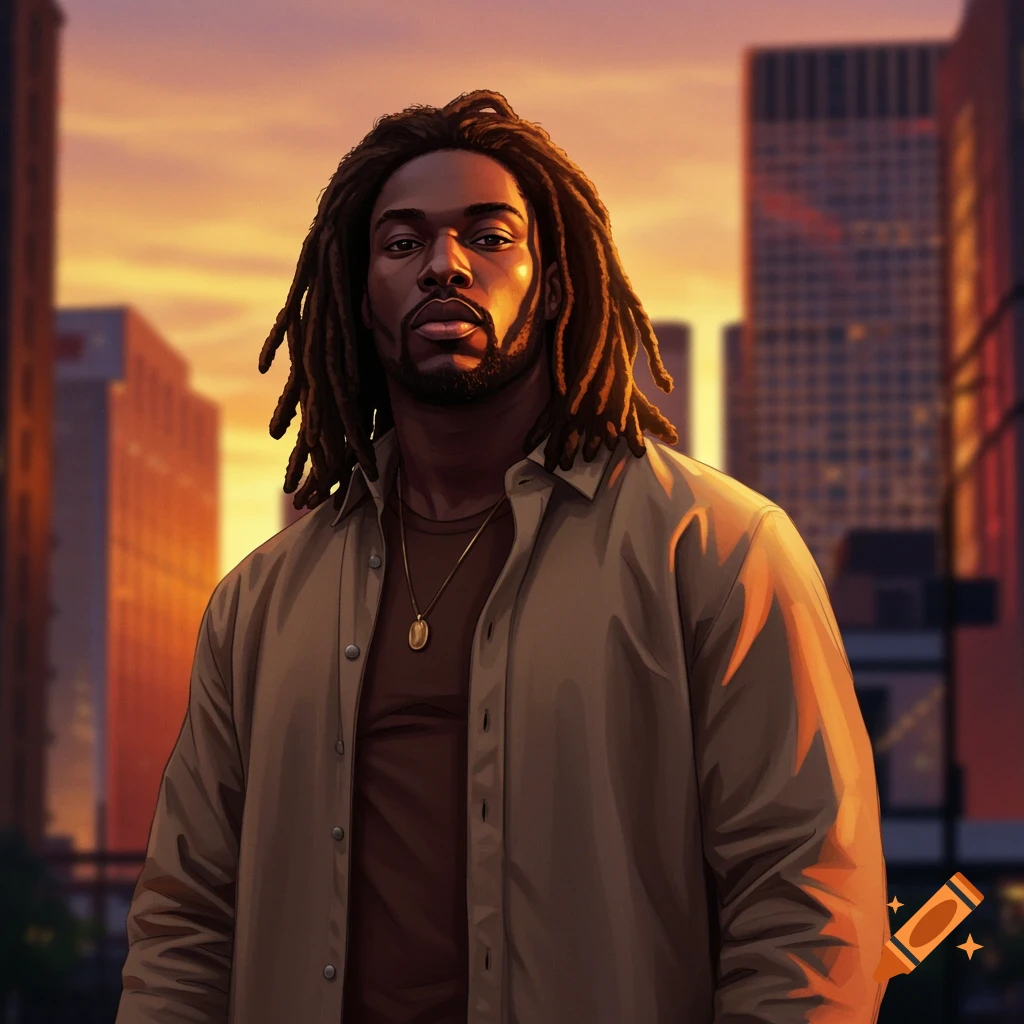 Stylized illustration of an African American man with dreadlocks standing in front of a city skyline at sunset.