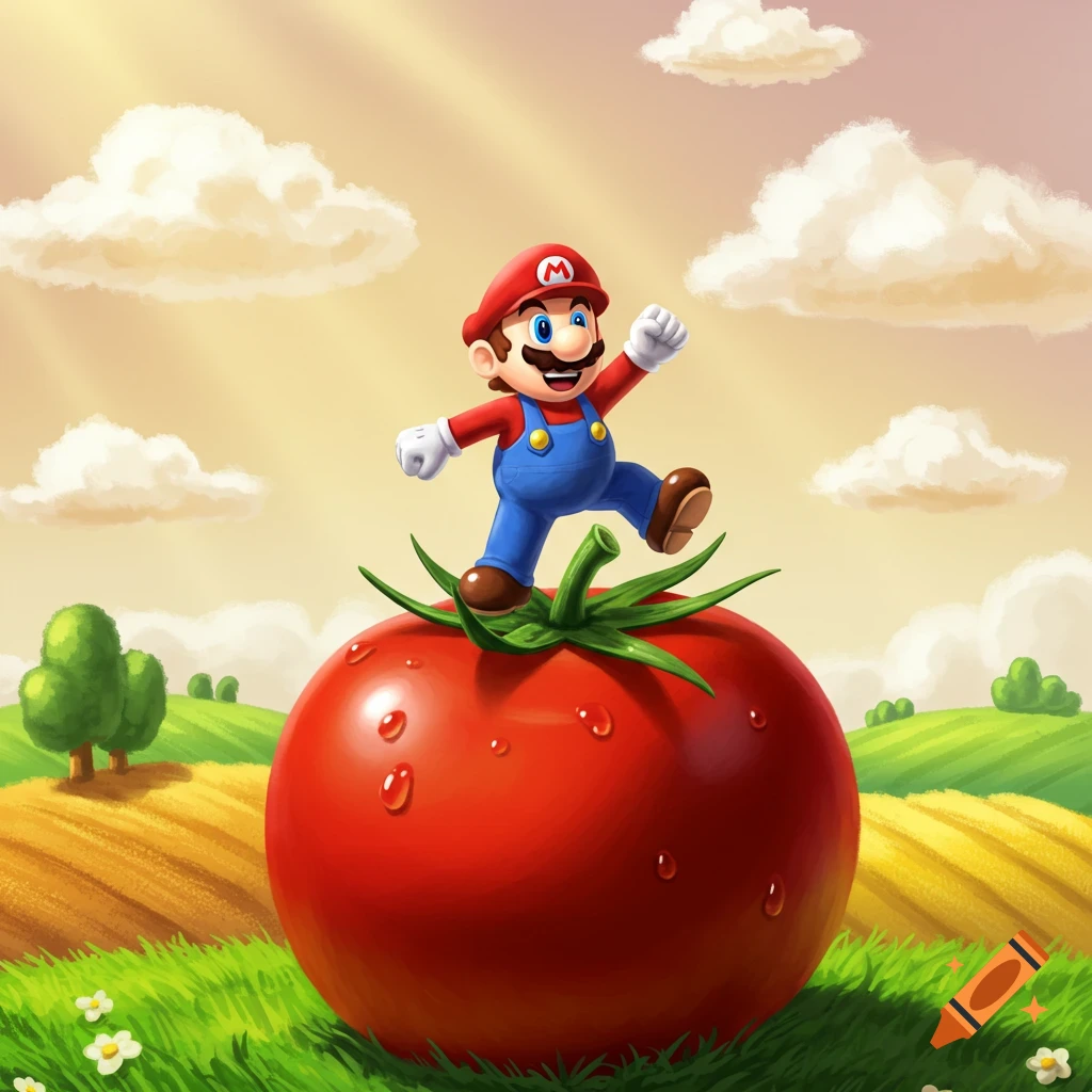 Cartoon Mario jumping on a giant red tomato in a sunny field with clouds.