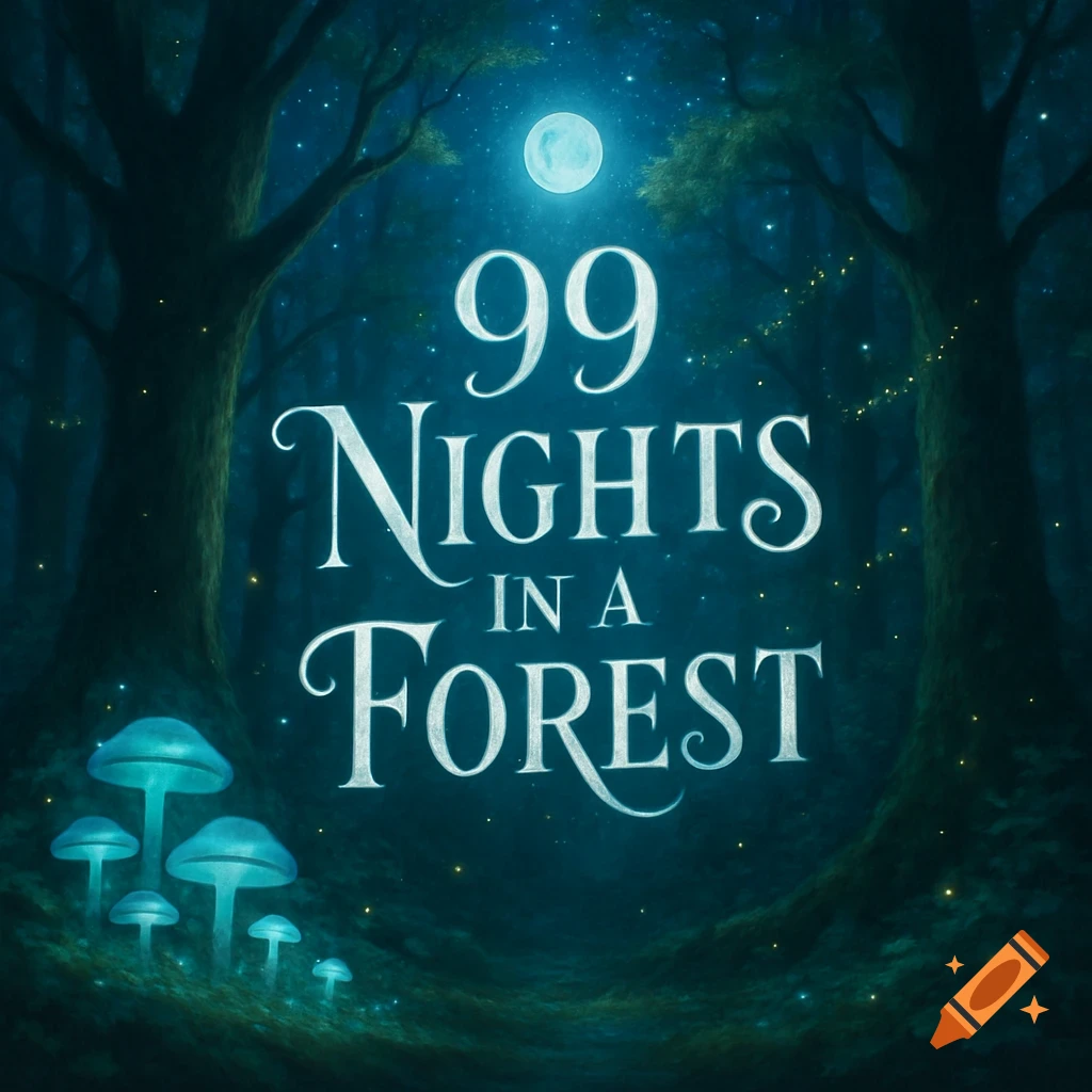 A dark, enchanting forest at night with a full moon, glowing blue mushrooms, fireflies, and text '99 Nights IN A Forest'.