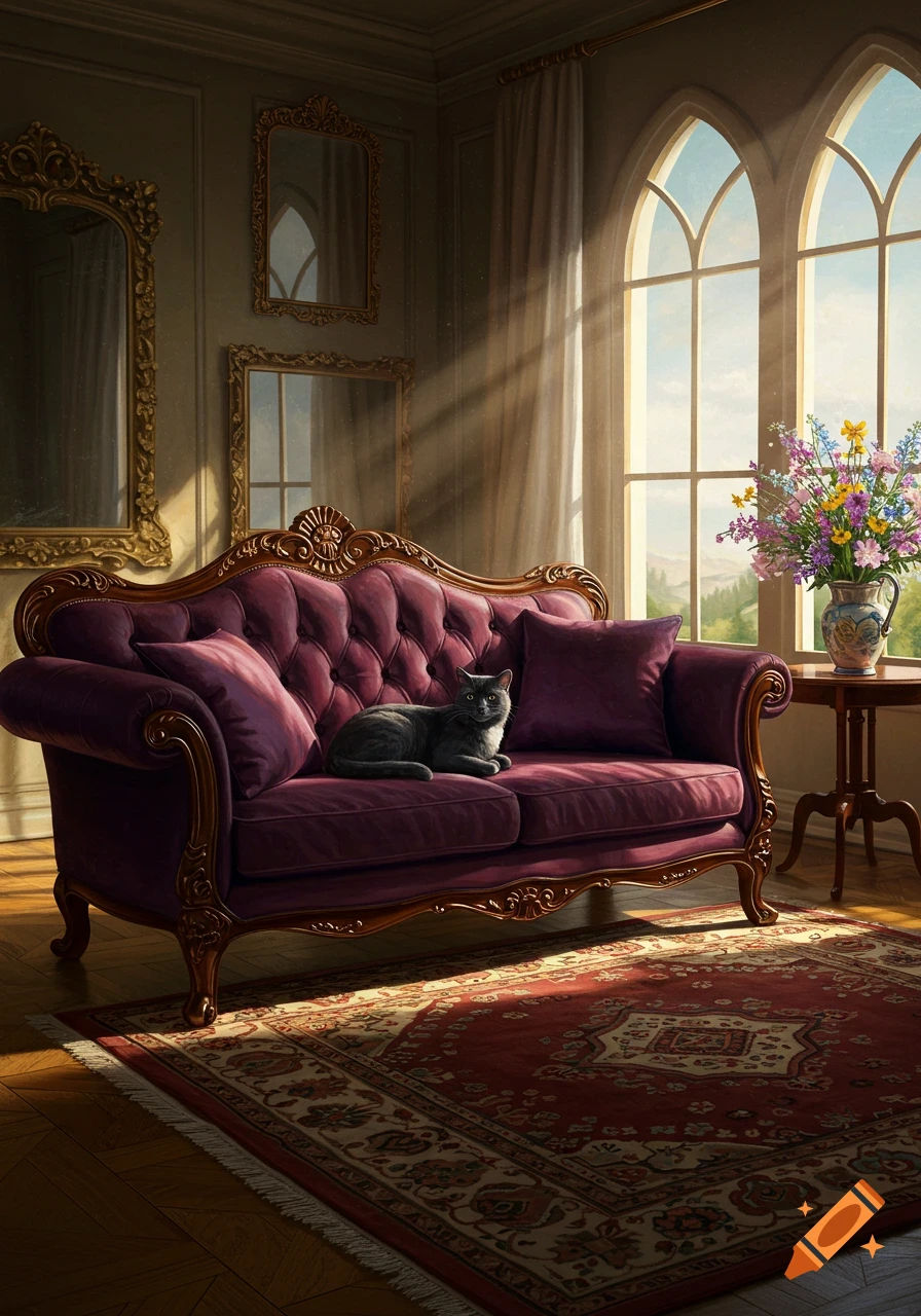 A black cat lounges on a purple velvet sofa in a sunlit, ornate room with arched windows, gilded mirrors, and a patterned rug.