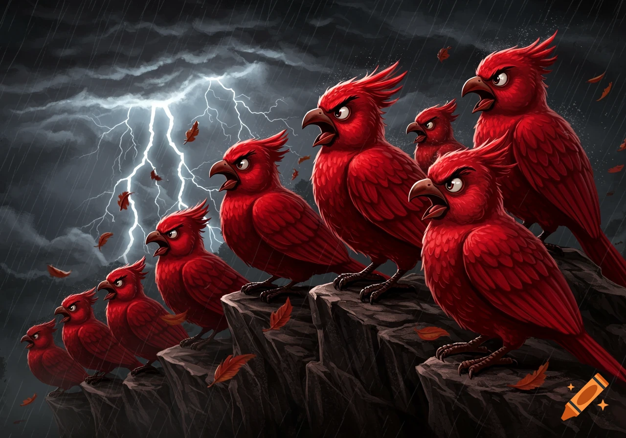 Cartoon red birds with angry expressions stand on a rocky cliff during a stormy night with lightning.