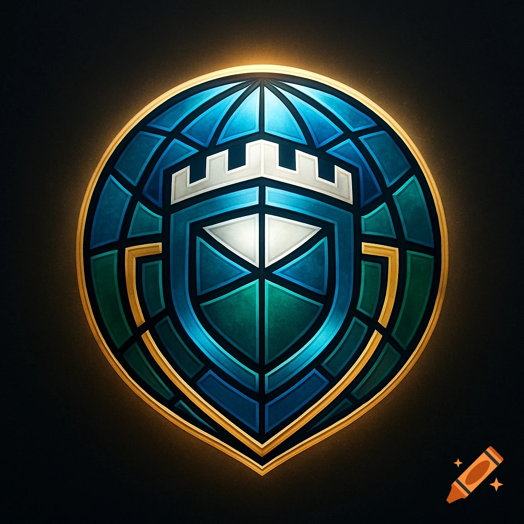 A stylized circular logo with a gold border, featuring a blue and green globe pattern, centered with a white and blue shield topped by a castle battlement.