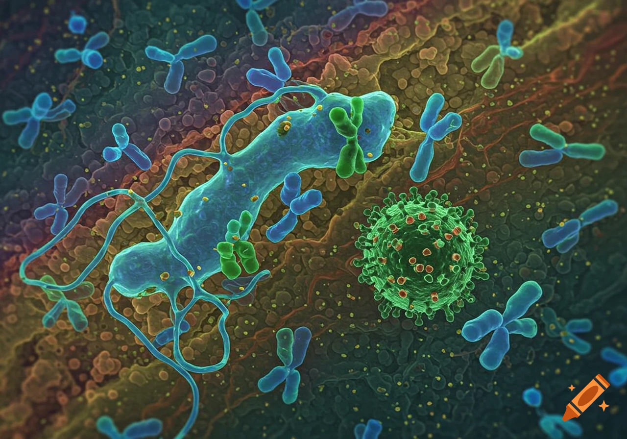 Microscopic view of a green virus, a blue bacterium with tendrils, and several blue chromosomes on a textured background.