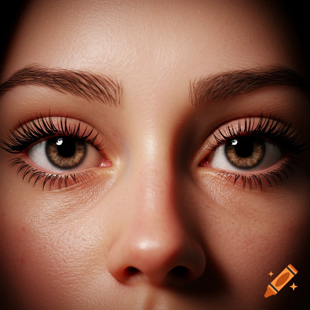 A close-up, photorealistic image of brown eyes with long eyelashes and the upper part of a nose, showing detailed skin texture.