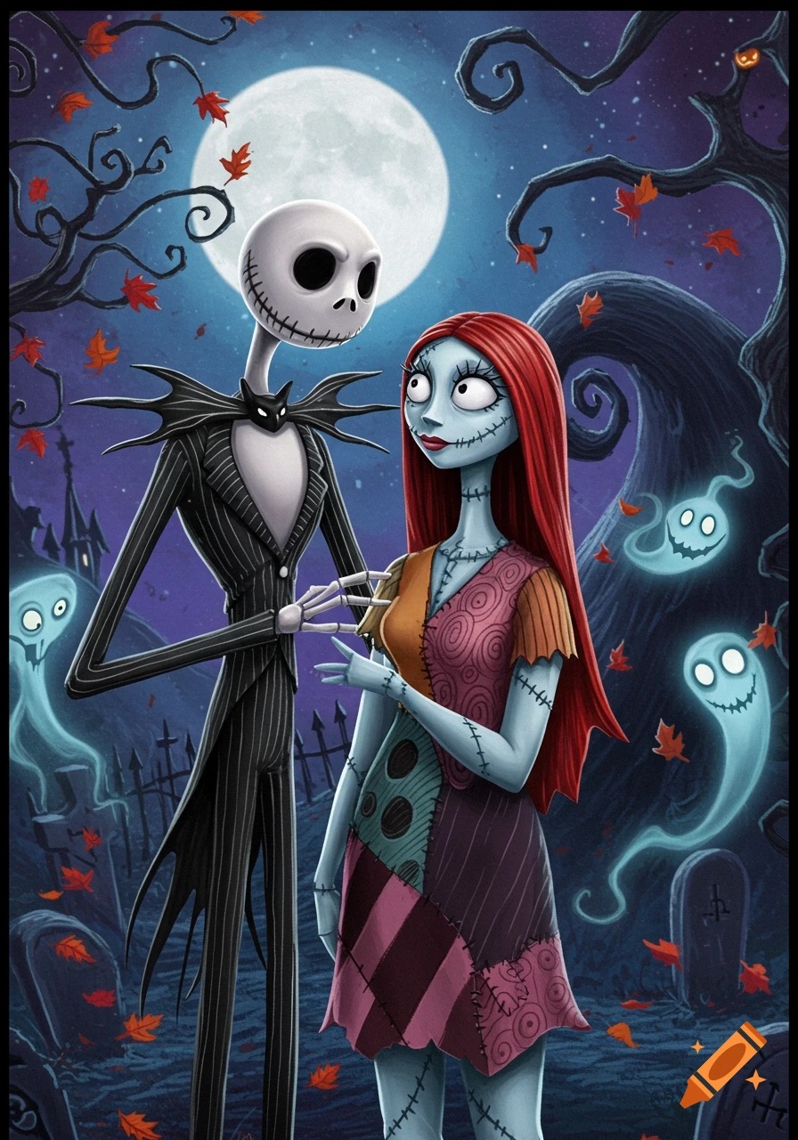 Illustration of Jack Skellington and Sally in a spooky graveyard under a full moon with ghosts and falling leaves.
