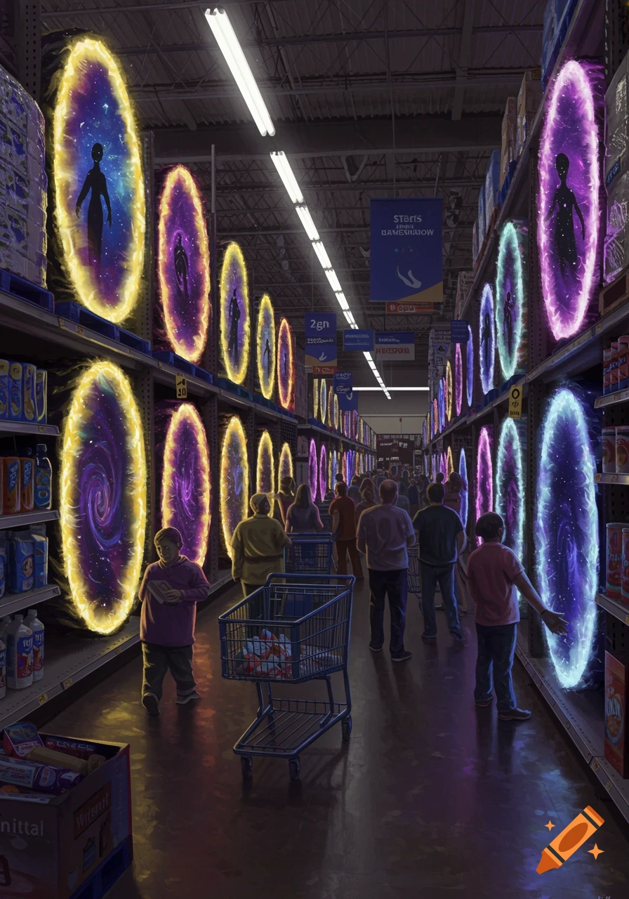 A supermarket aisle filled with customers, featuring multiple glowing, oval-shaped interdimensional portals along the shelves, some revealing silhouetted alien-like figures.