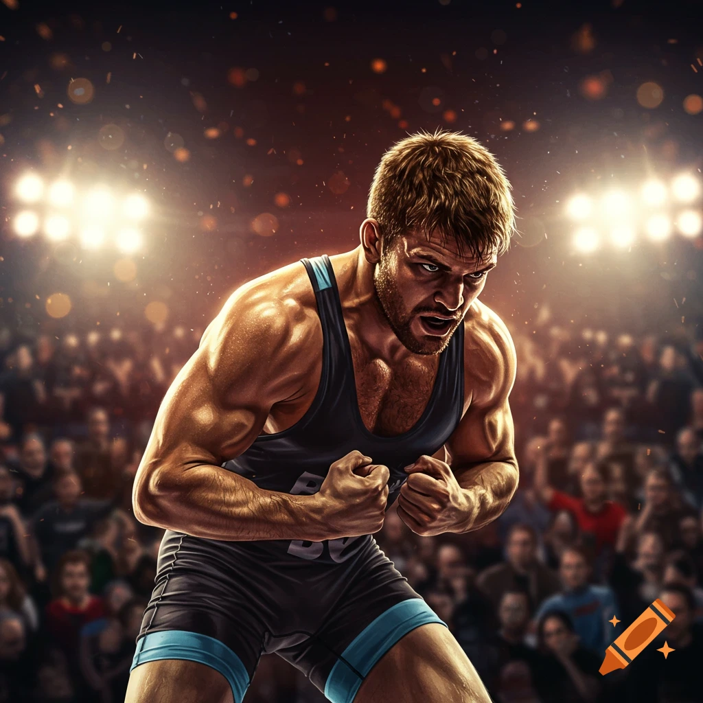 A muscular male wrestler in a singlet flexes aggressively in a brightly lit arena with a blurred crowd in the background.