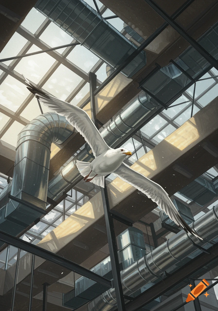 A white seagull with outstretched wings flies through a modern building with a glass roof and exposed silver HVAC ducts.
