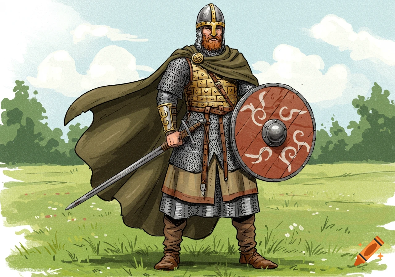 A colored pencil sketch of a bearded Frankish warrior in chainmail, helmet, and cape, holding a sword and a round shield, standing in a grassy field.