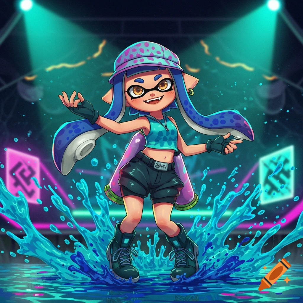 A vibrant, cartoon-style illustration of an Inkling girl from Splatoon standing in splashing teal and purple ink on a stage under spotlights, smiling and striking a pose.