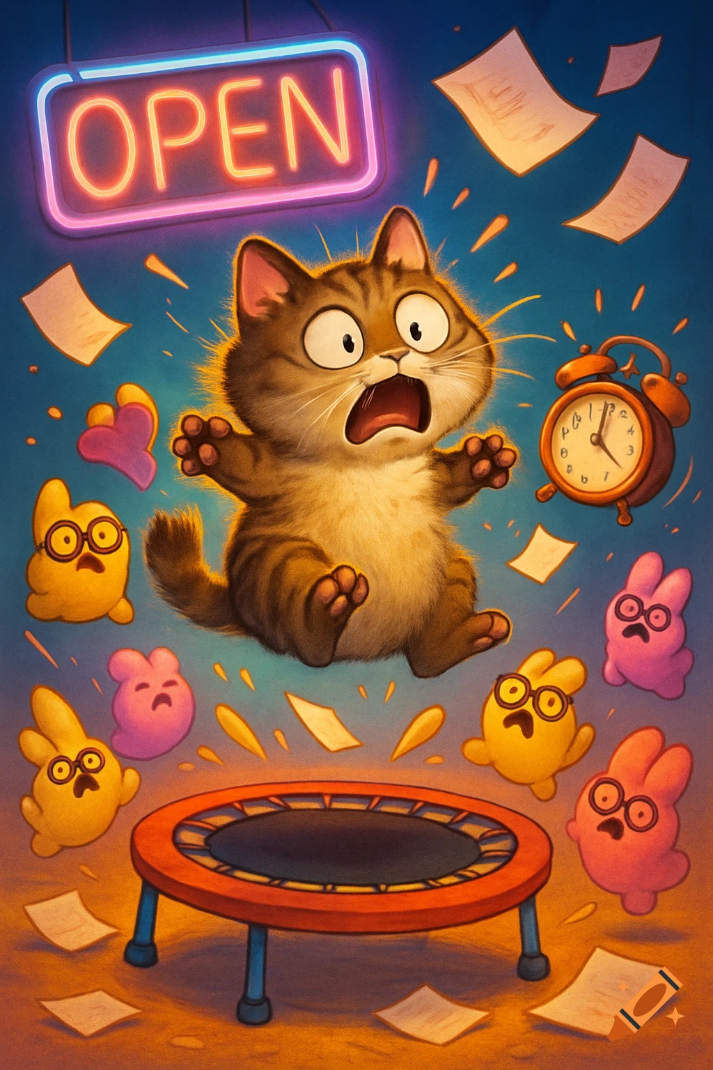 A panicked cartoon cat jumps on a mini trampoline surrounded by flying papers, an alarm clock, and scared cartoon characters, under a neon "OPEN" sign.