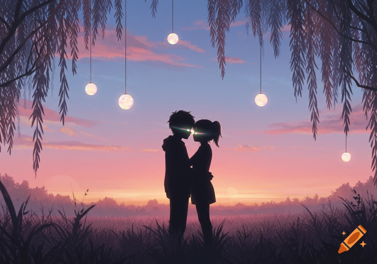 Silhouettes of a couple embracing under a willow tree with hanging lights at sunset in an anime style.