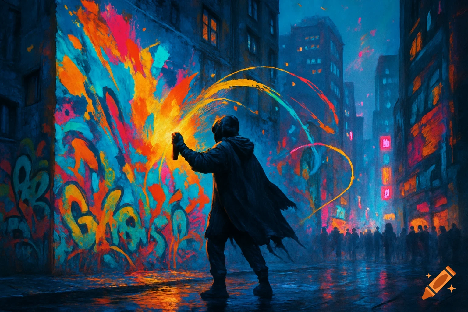 A person spray-painting a vibrant, colorful mural on a city wall at night, with buildings and a crowd in the background.