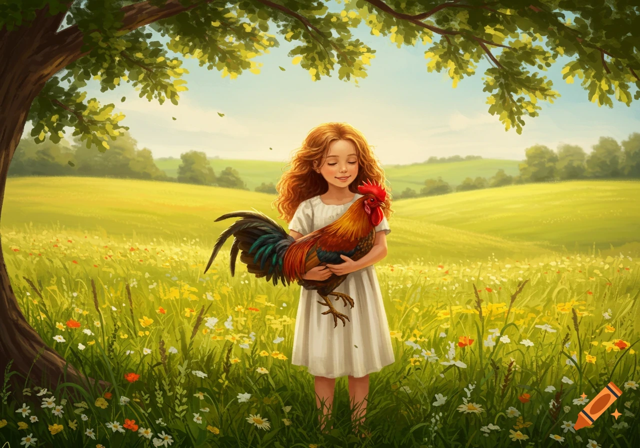 A girl with red hair holds a colorful rooster in a sunny green field with wildflowers, under a tree.