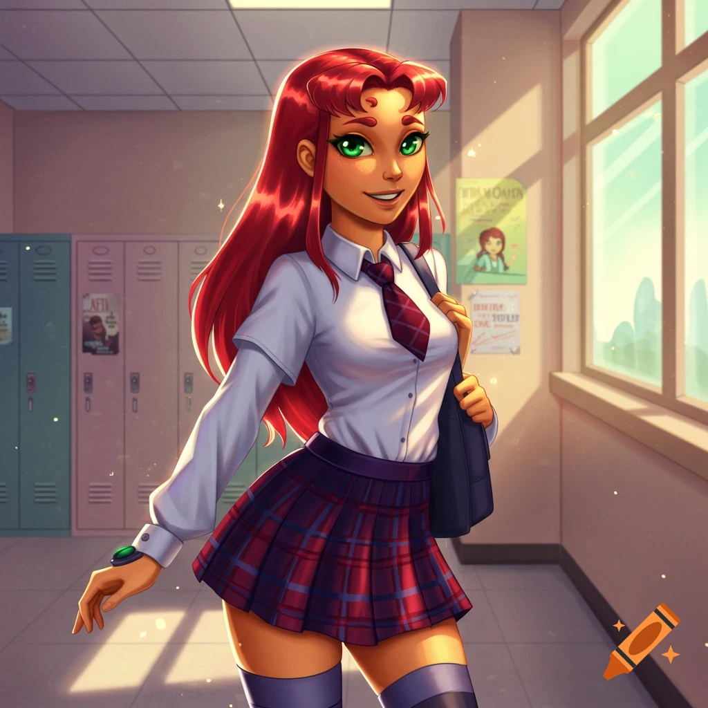 Anime-style illustration of Starfire in a white shirt, plaid skirt, and tie, walking in a school hallway with lockers and windows.