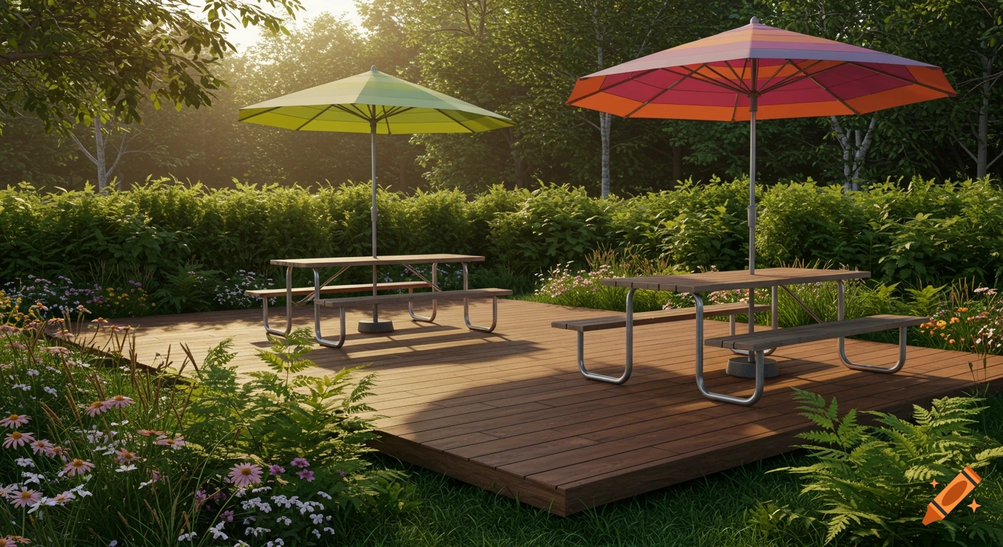 Two picnic tables with umbrellas on a wooden deck surrounded by lush plants and trees in a sunny outdoor setting.