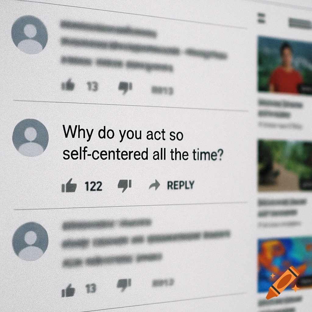 Close-up of a YouTube comment section, featuring a comment from an anonymous user that reads: "Why do you act so self-centered all the time?" Below it are 122 likes, a dislike button, and a reply button. Other comments and video thumbnails are blurred in the background.