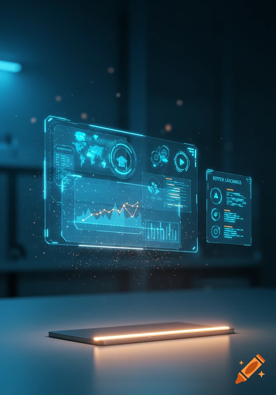A glowing device on a dark table projects a futuristic holographic interface with data visualizations, charts, and maps.