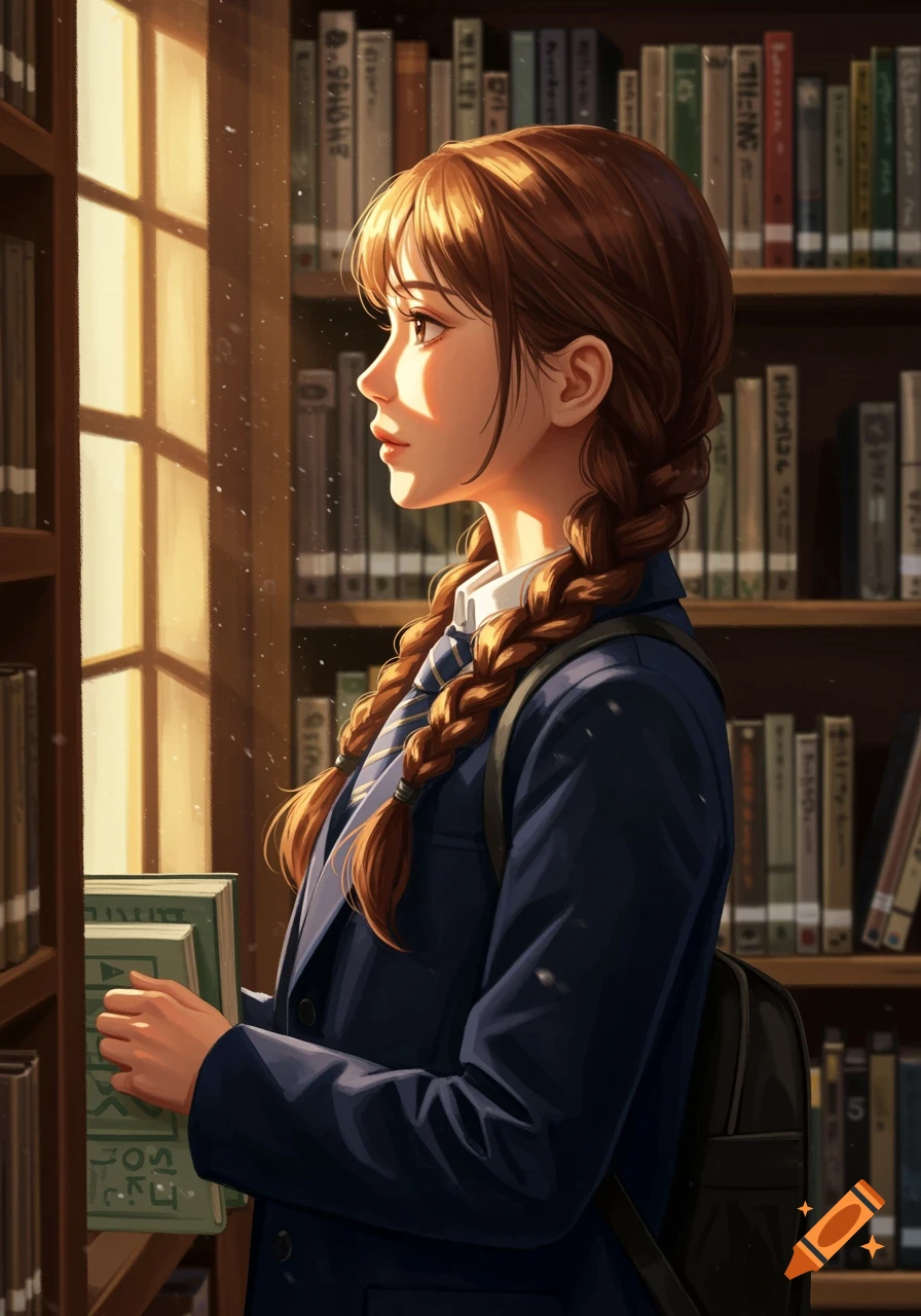 Anime-style illustration of a high school girl with braided hair in a library, holding a book, bathed in sunlight.