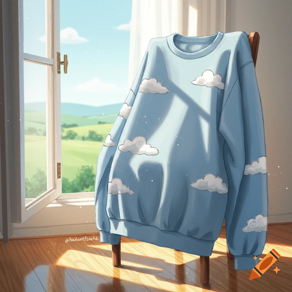 An illustrative image of a light blue sweatshirt with cloud patterns hanging on a chair by an open window.