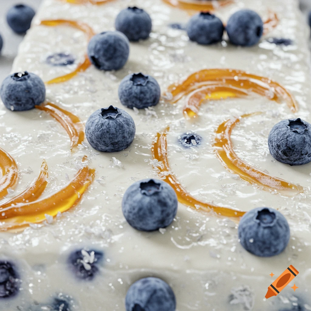Close-up of a white, icy yogurt block topped with frozen blueberries and orange honey swirls, with a frosted texture.
