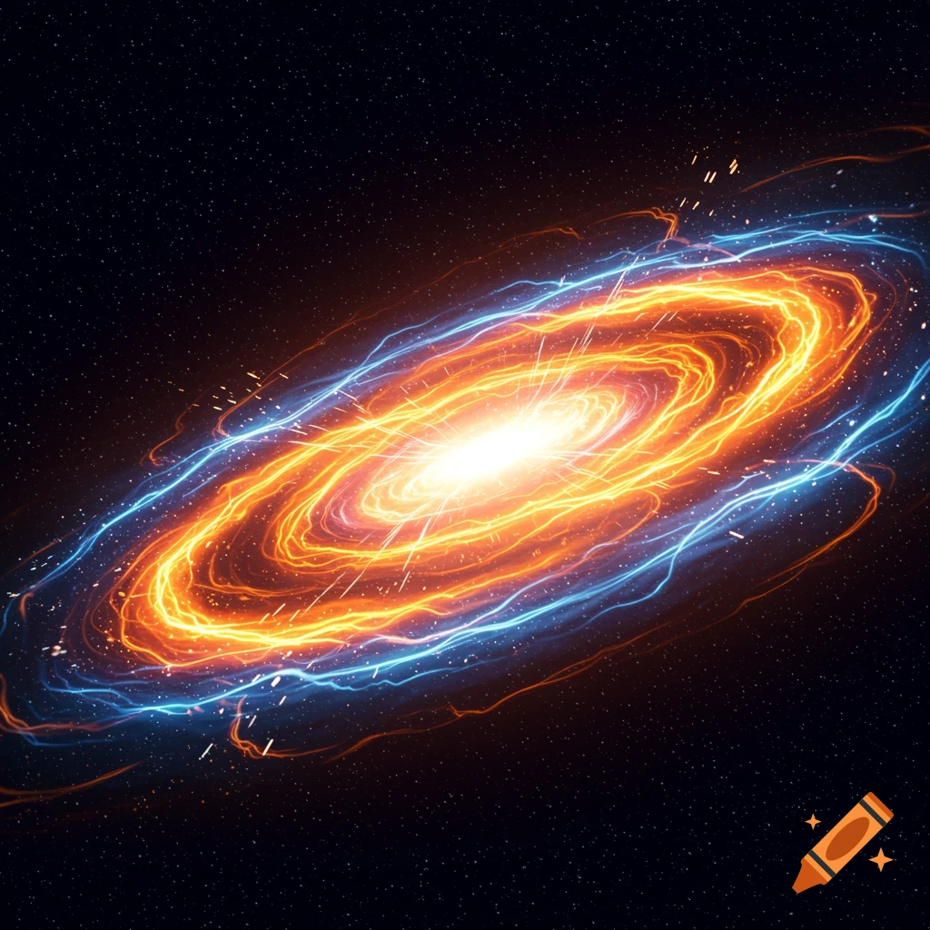 Abstract glowing orange and blue energy waves swirl in space with stars.