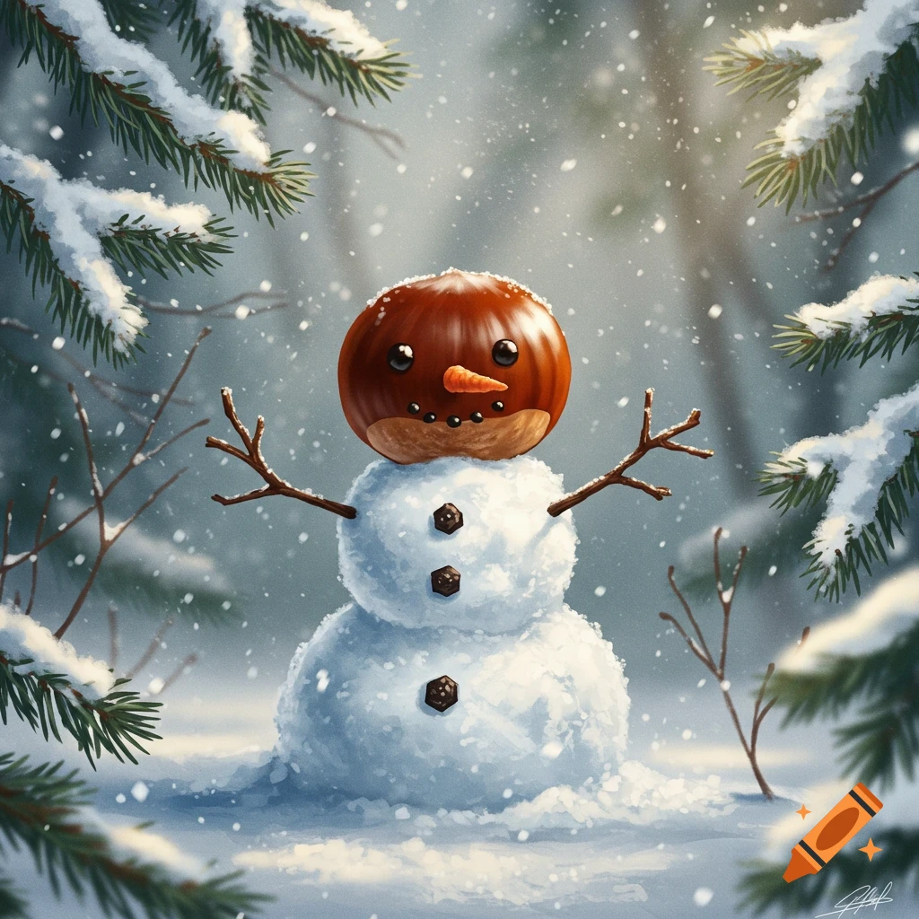 A cute snowman with a chestnut for a head stands in a snowy forest with snow-covered pine branches and falling snow, illustrated.