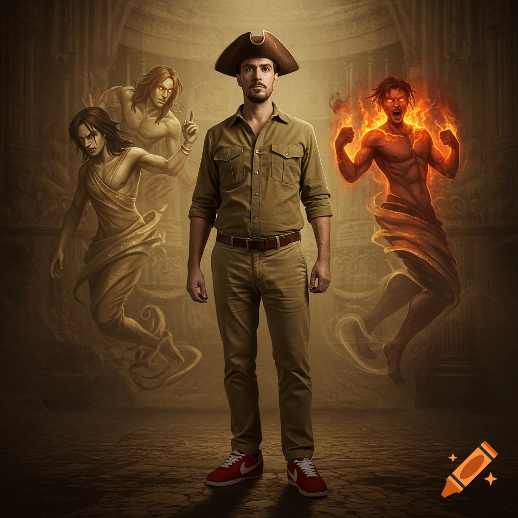 A man in a khaki outfit and a tricorn hat stands between two ghostly figures and one fiery figure against a dark, ornate background.