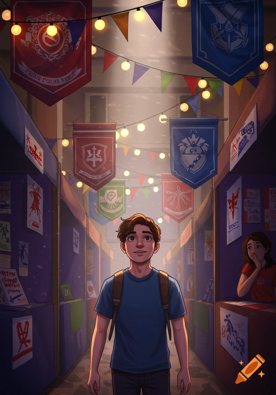 An illustration of a young man with a backpack smiling as he walks through a vibrant club recruitment event. Banners with crests and string lights hang above, and booths line the path.
