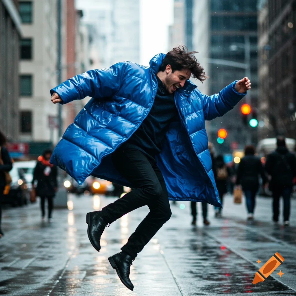 A man in a vibrant blue puffer coat jumps joyfully on a wet city street, with blurry urban buildings in the background.
