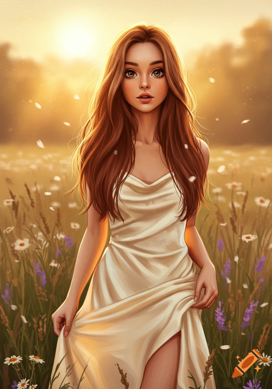A stylized portrait of a young woman with long brown hair in a white dress standing in a field of wildflowers at sunset.