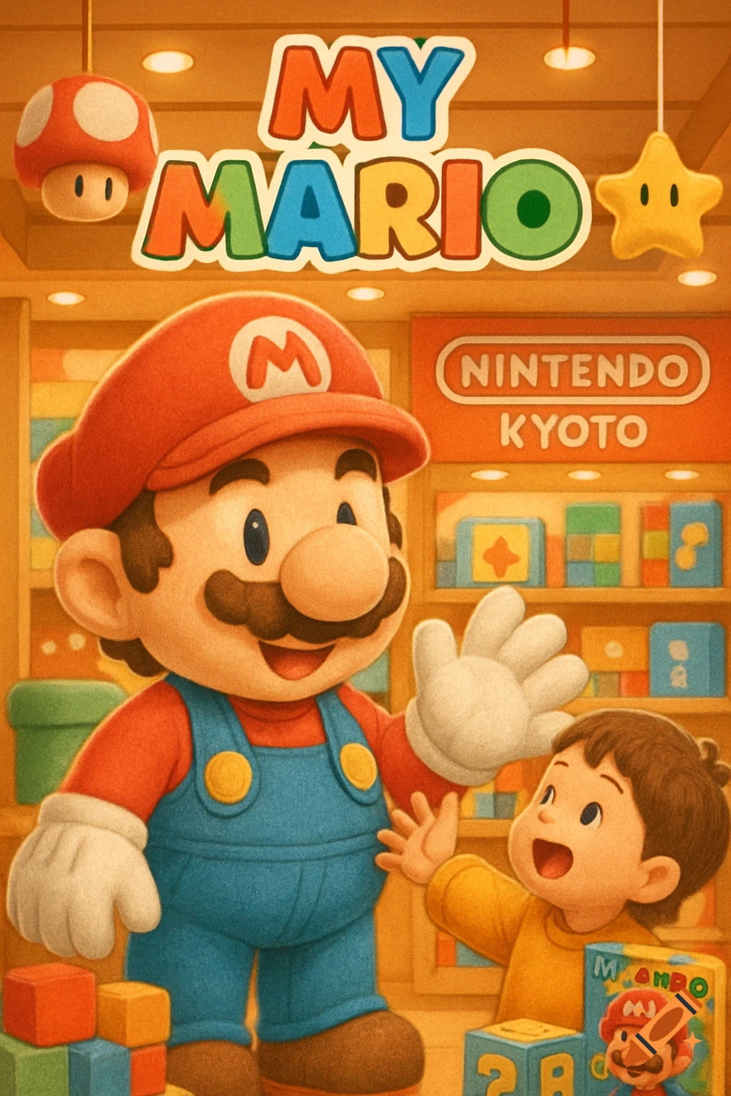 Mario waves to a happy child in a colorful toy store with "My Mario" and "Nintendo Kyoto" signs, cartoon style.