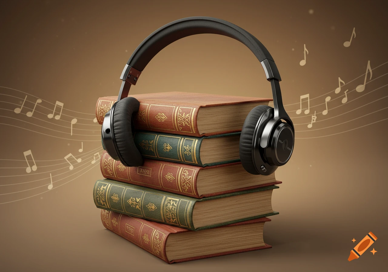 A stack of old books with black headphones resting on top, surrounded by musical notes floating in the air on a brown background.