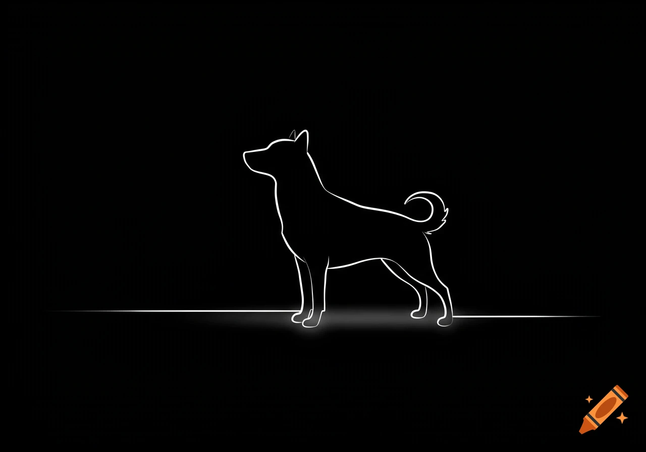 White outline of a dog standing on a line against a black background.