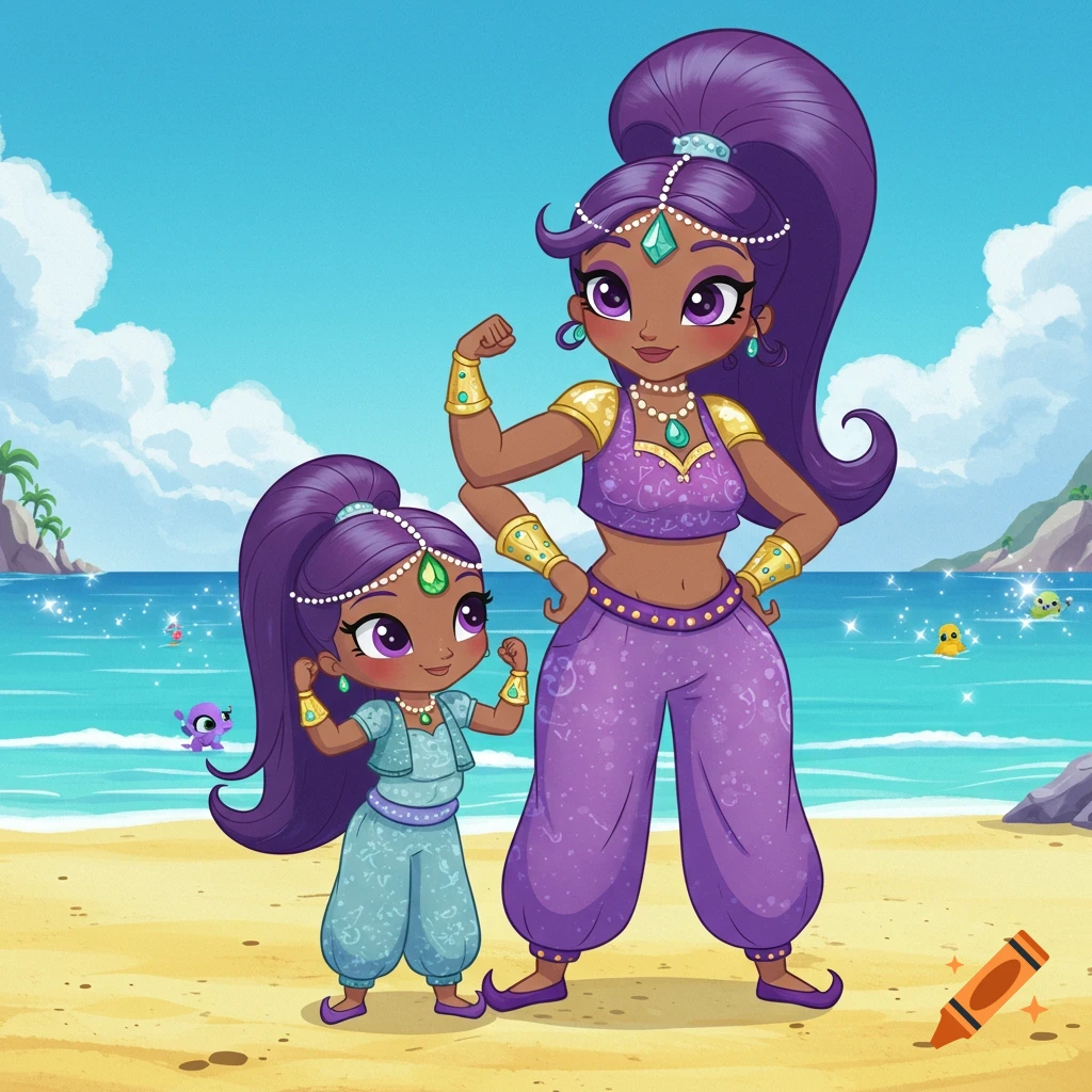 A cartoon mother and daughter with dark skin and purple hair, dressed in genie-like outfits, flex their biceps on a sunny beach.
