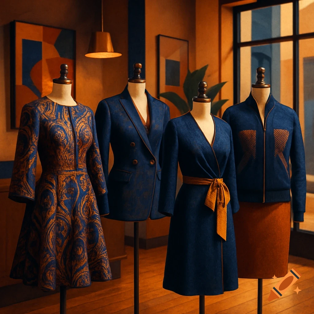 Four mannequins display various blue and gold clothing items in a warmly lit fashion showroom.