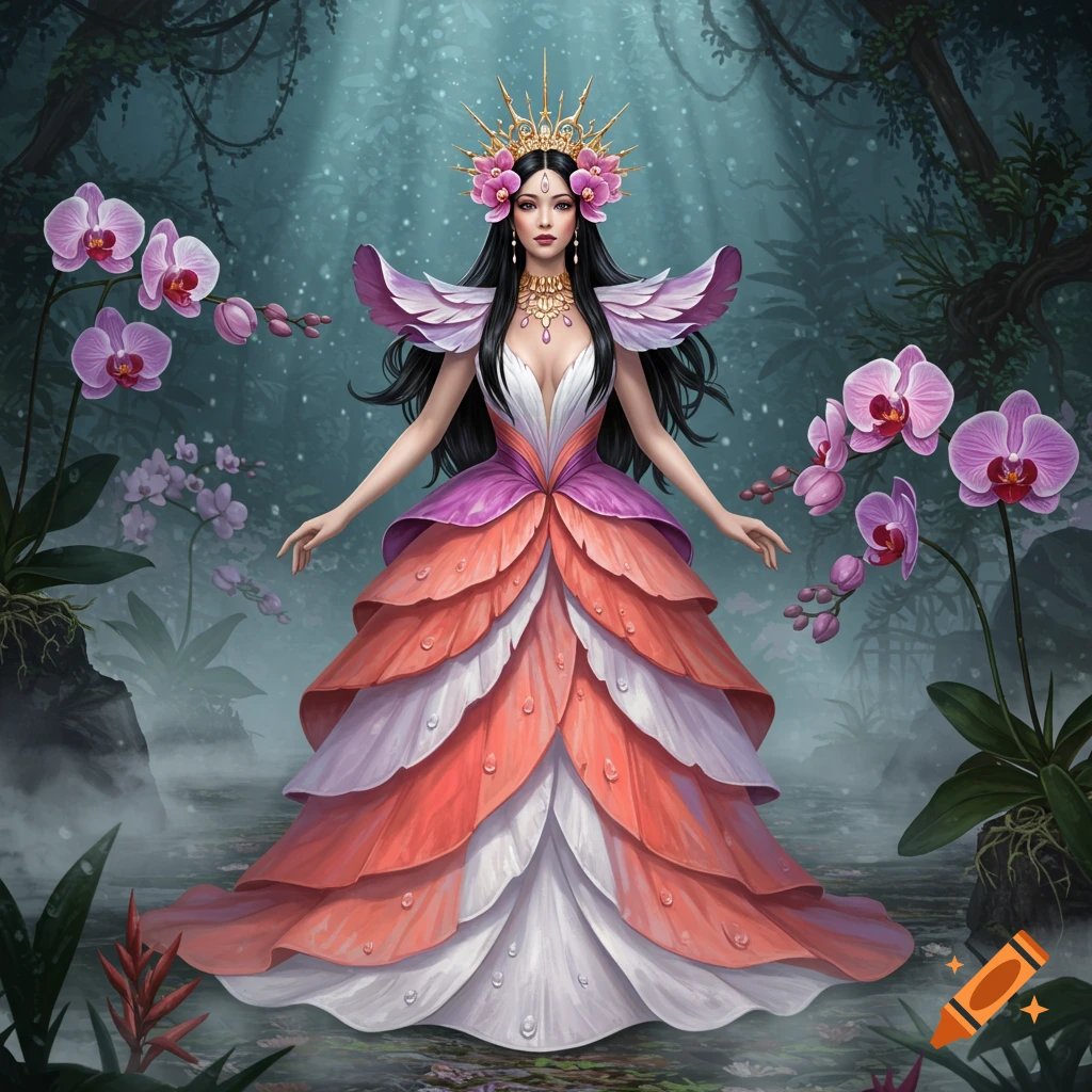 A beautiful queen with an orchid crown and a dress of colorful petals stands in an ethereal forest filled with orchids.