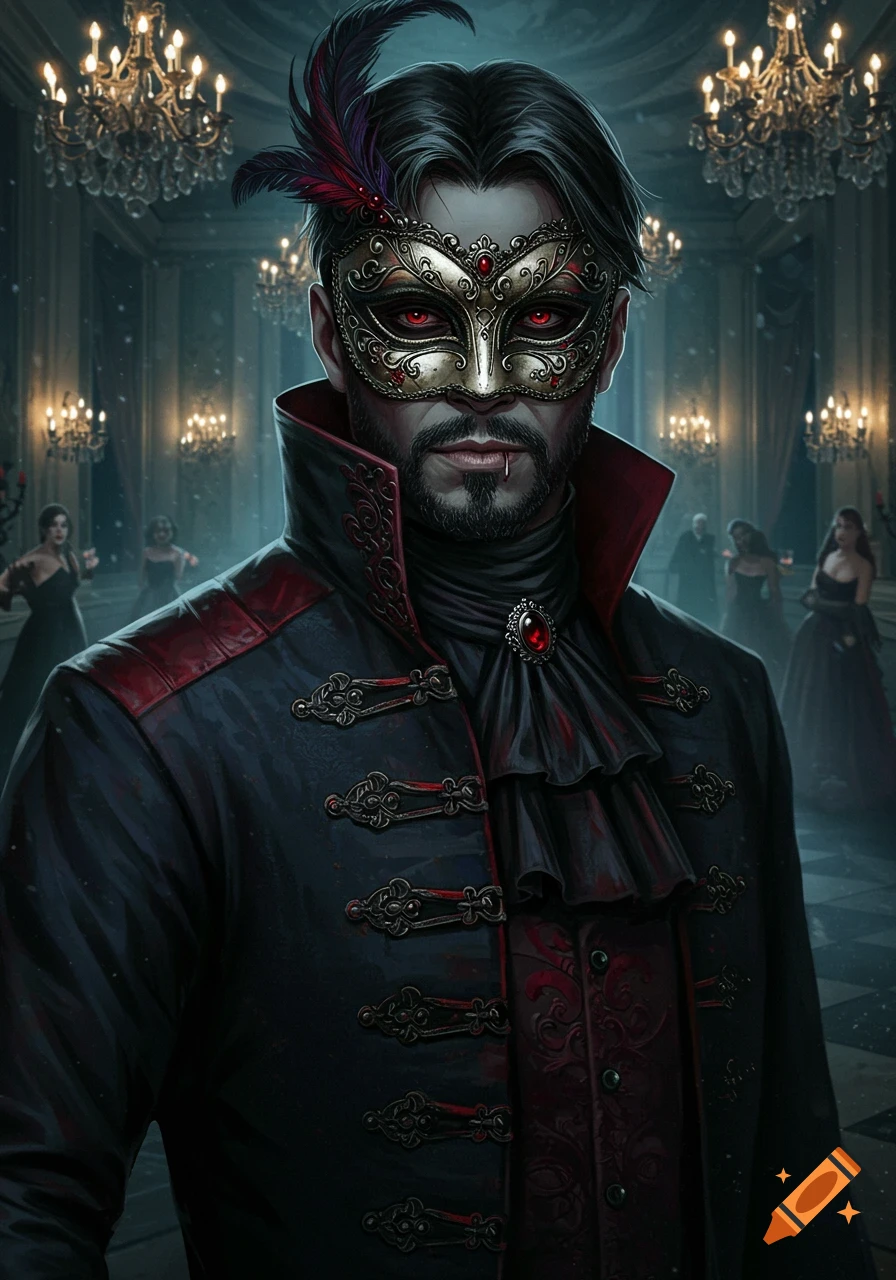 A masquerade lord with a gold mask and red eyes, a dark coat, and a blood drop on his lip, stands in a ballroom.