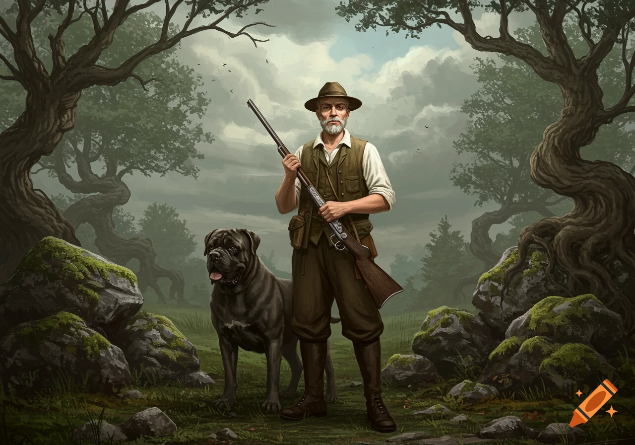 An illustration of a bearded man in a hat holding a rifle, standing next to a large mastiff dog in a mossy forest.