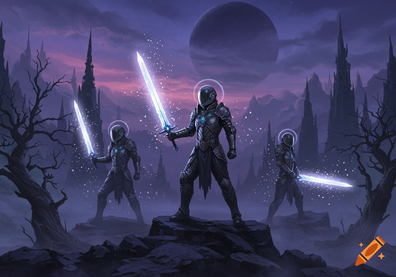 Three armored figures with glowing swords stand in a gothic landscape under a purple sky with a large moon.