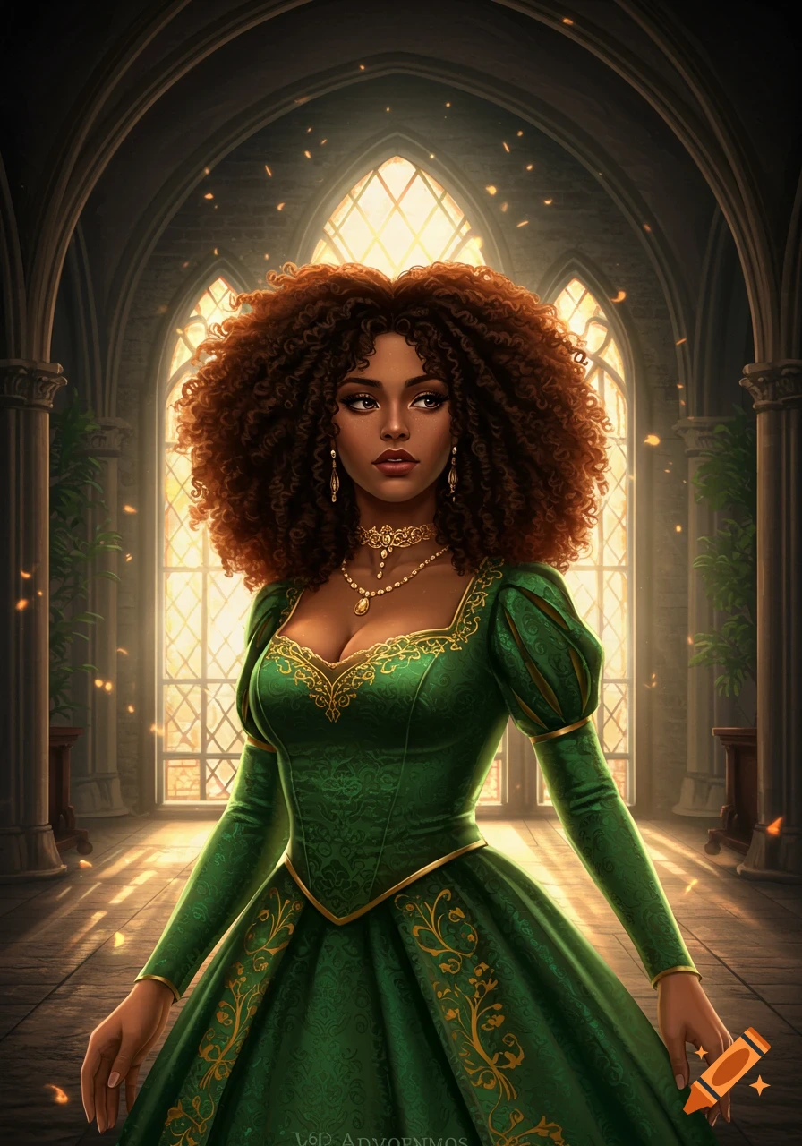 A beautiful woman with curly brown hair wearing an emerald green gown with gold embroidery stands in a sunlit medieval hall.