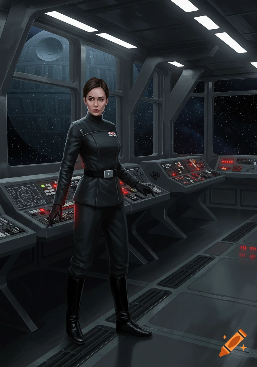 A woman in a black Imperial officer's uniform stands in a spaceship control room, with a view of the Death Star and stars outside the windows.