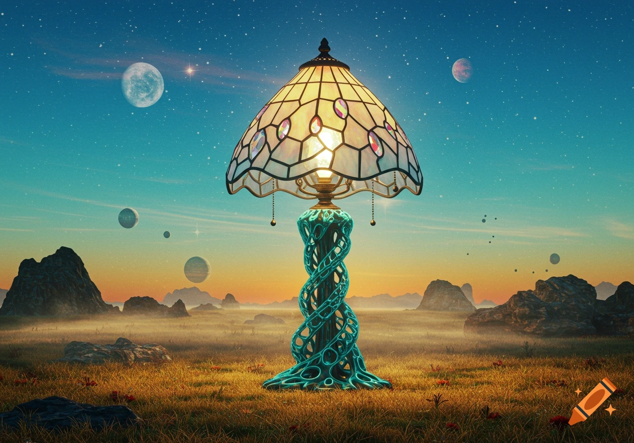 A vibrant Tiffany lamp with an intricate, twisting base stands in a misty alien landscape under a starry sky with multiple moons.
