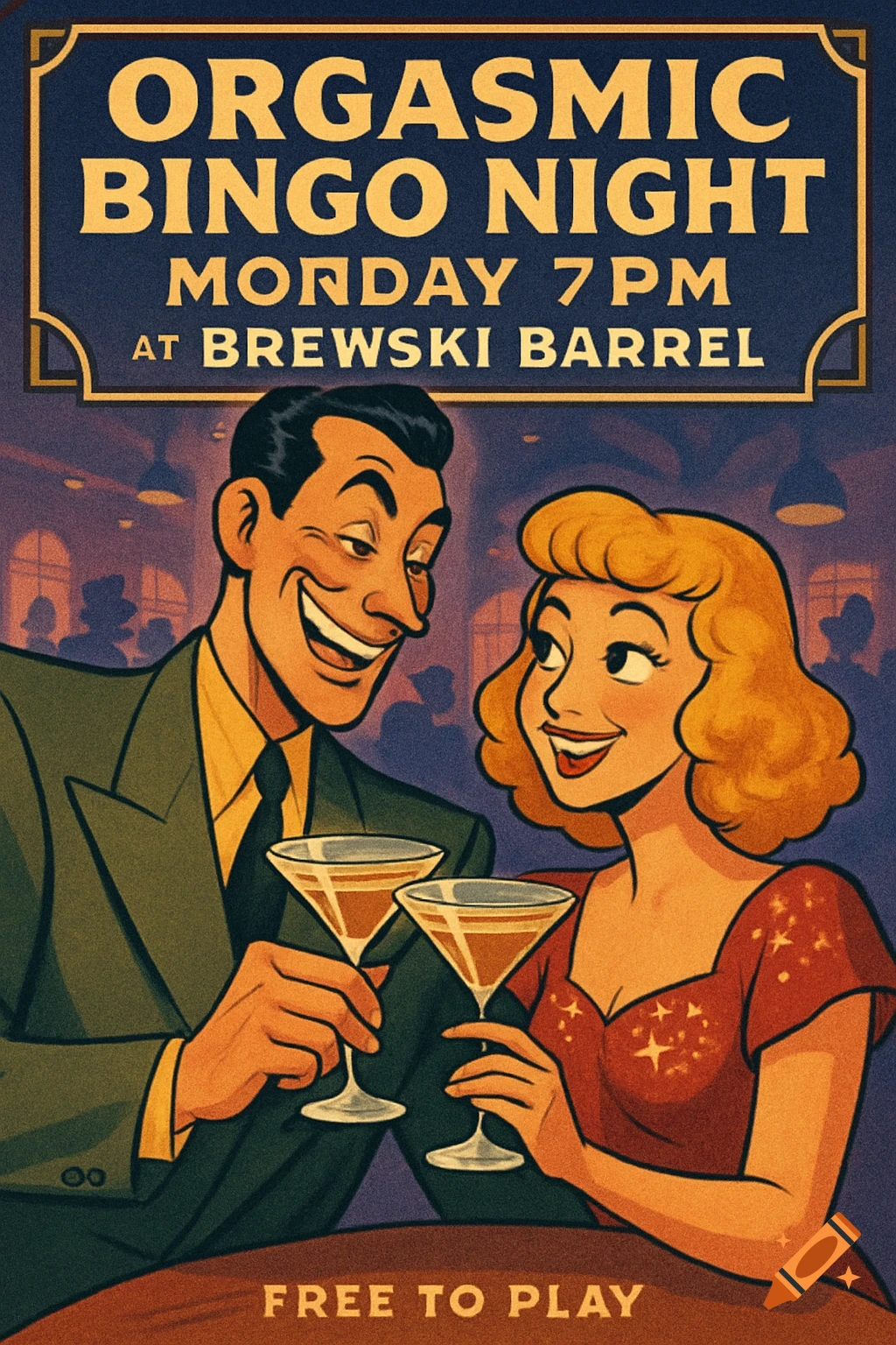A retro cartoon poster for 'Orgasmic Bingo Night' featuring a man and woman toasting with martini glasses in a stylized bar.