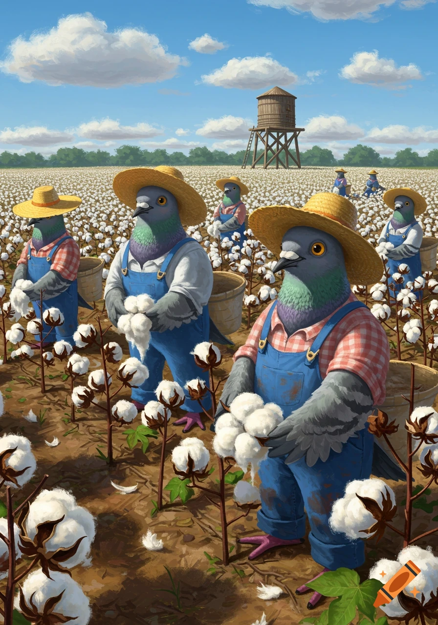 Cartoonish humanoid pigeons wearing overalls and straw hats picking cotton in a vast field under a blue sky with a water tower.