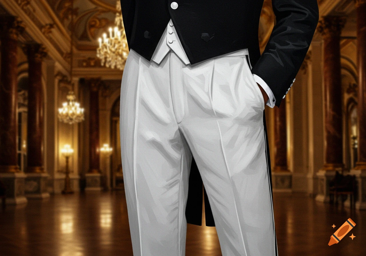 Close-up of a person in white tuxedo pants and a black jacket, standing in a grand ballroom with chandeliers.