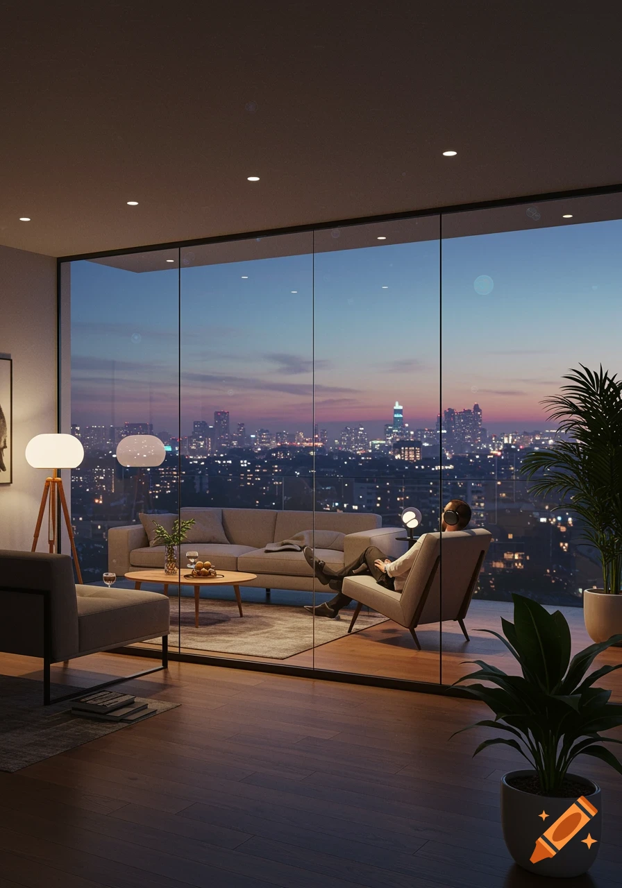 A person relaxes in a modern living room with large glass windows overlooking a city skyline at dusk, with ambient lighting.
