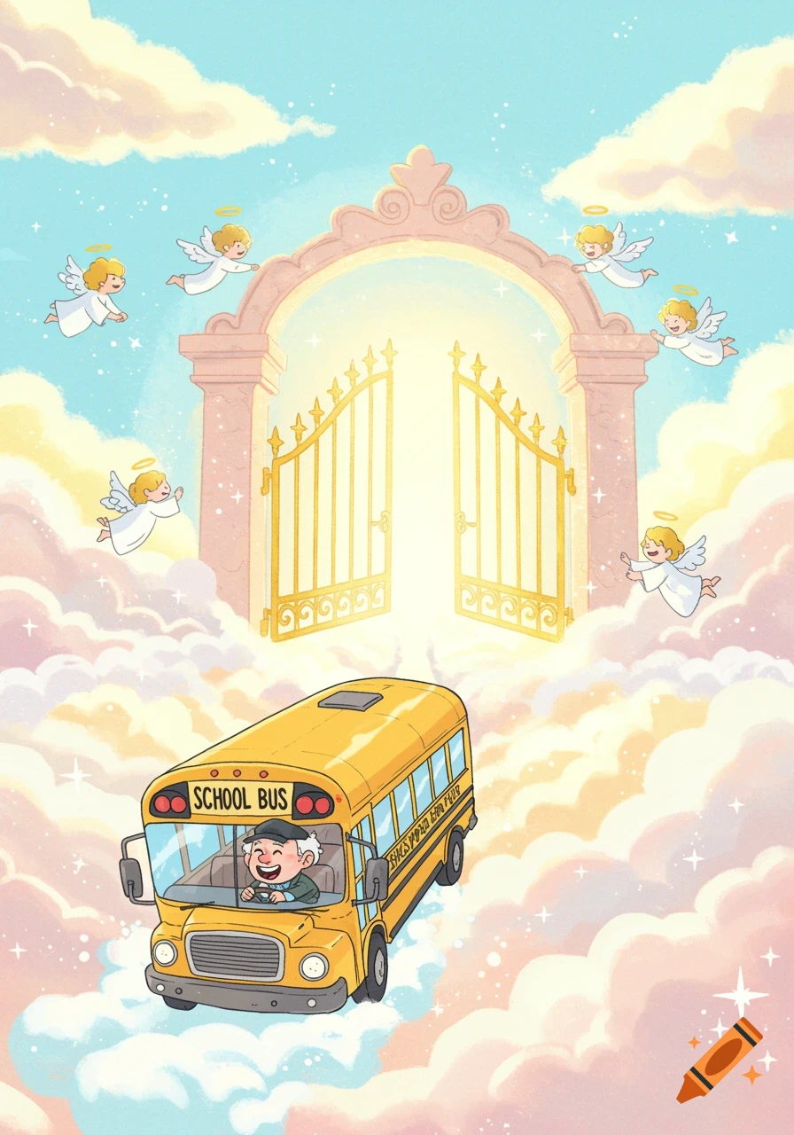 A cartoon old man in a yellow school bus drives through pink and white clouds towards open golden gates to heaven, surrounded by flying baby angels.