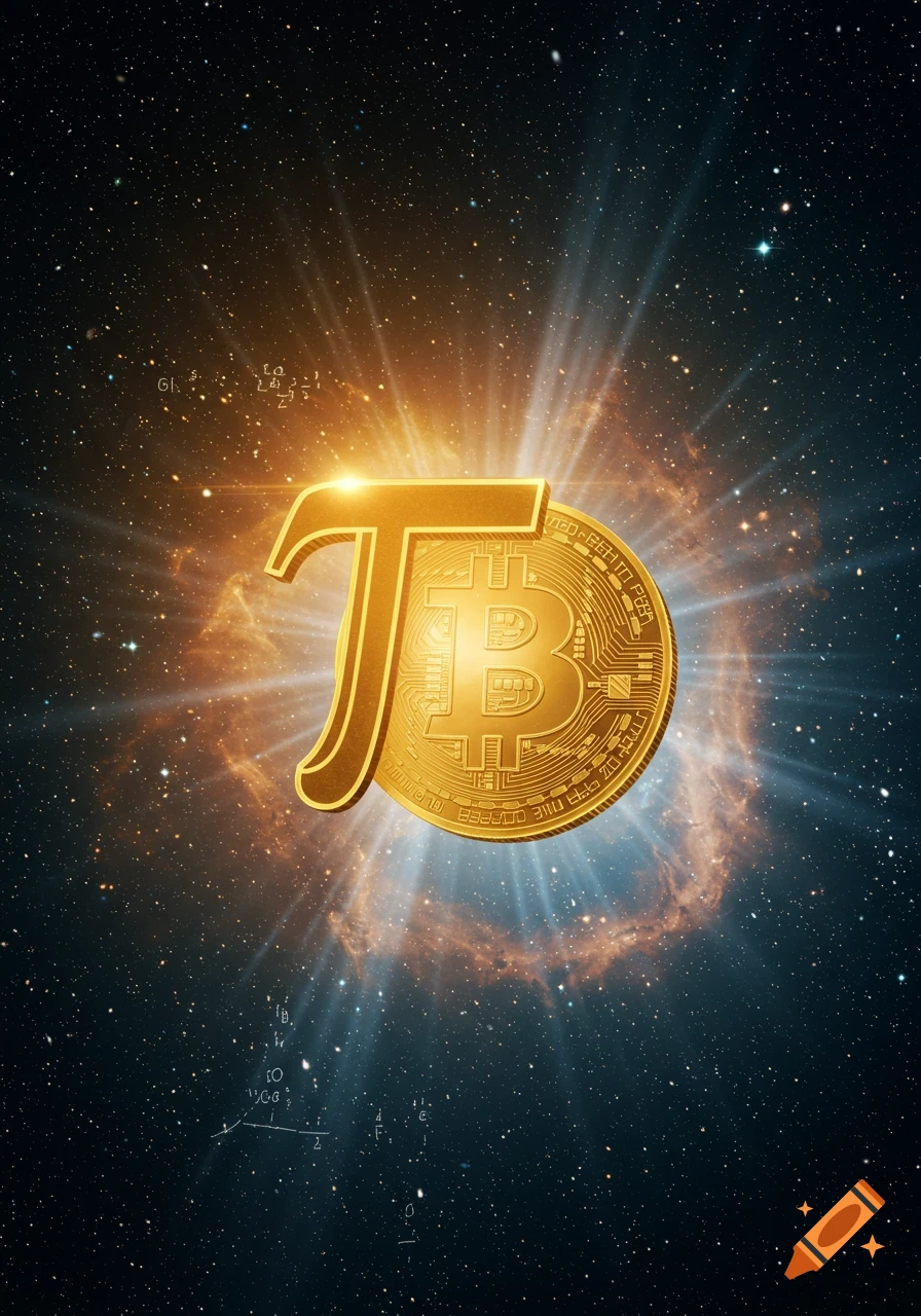 A golden Pi symbol and a Bitcoin coin glowing against a starry cosmic background.