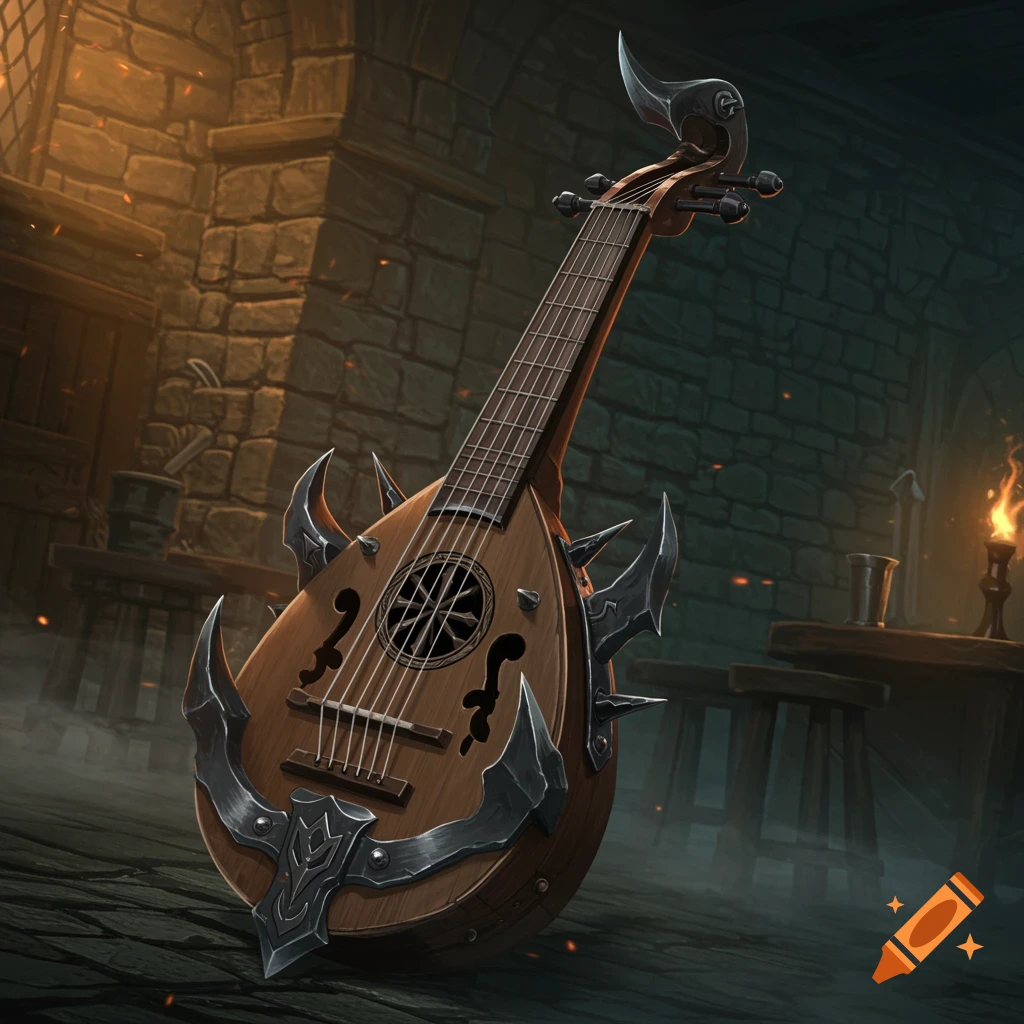 A spiked, metal-plated dark wood lute stands upright in a dimly lit stone tavern.
